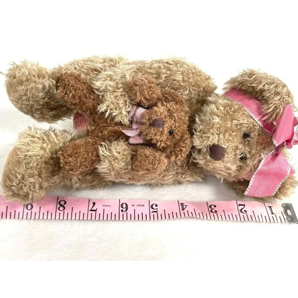 Russ Marmie Brown Teddy Bear in Pink Ribbon with Baby Bear Plush Stuff Toy 9.5in - Picture 7 of 7